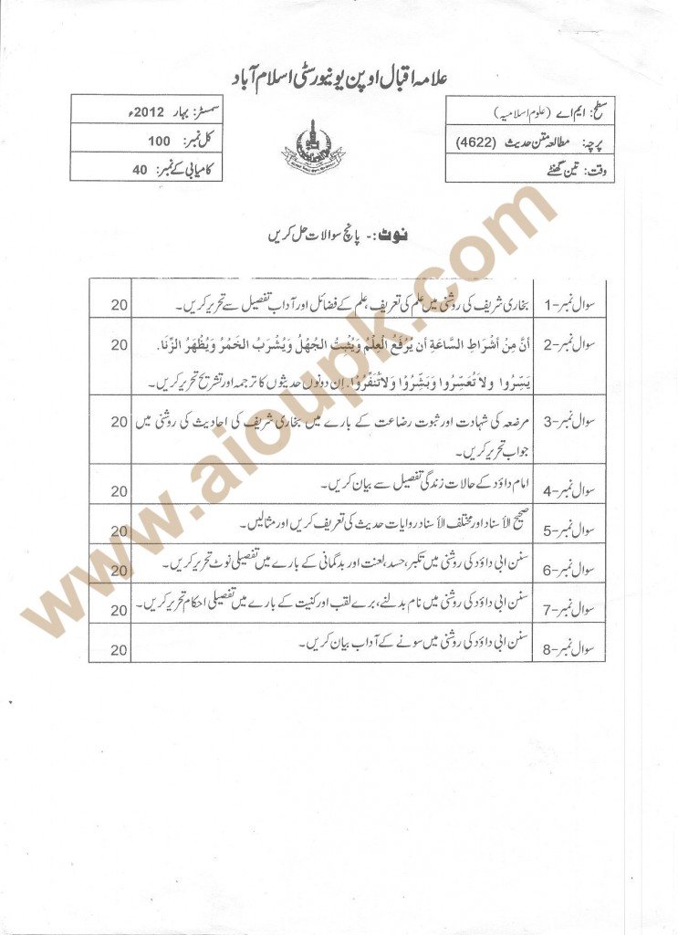 Textual Study of Hadith Code 4622 Level MA (Islamic Studies) - AIOU Old Paper
