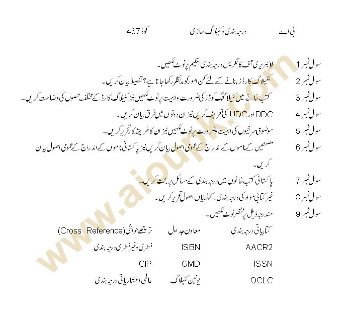 Classification and Cataloging Code 467 Level BA Guess Paper of AIOU