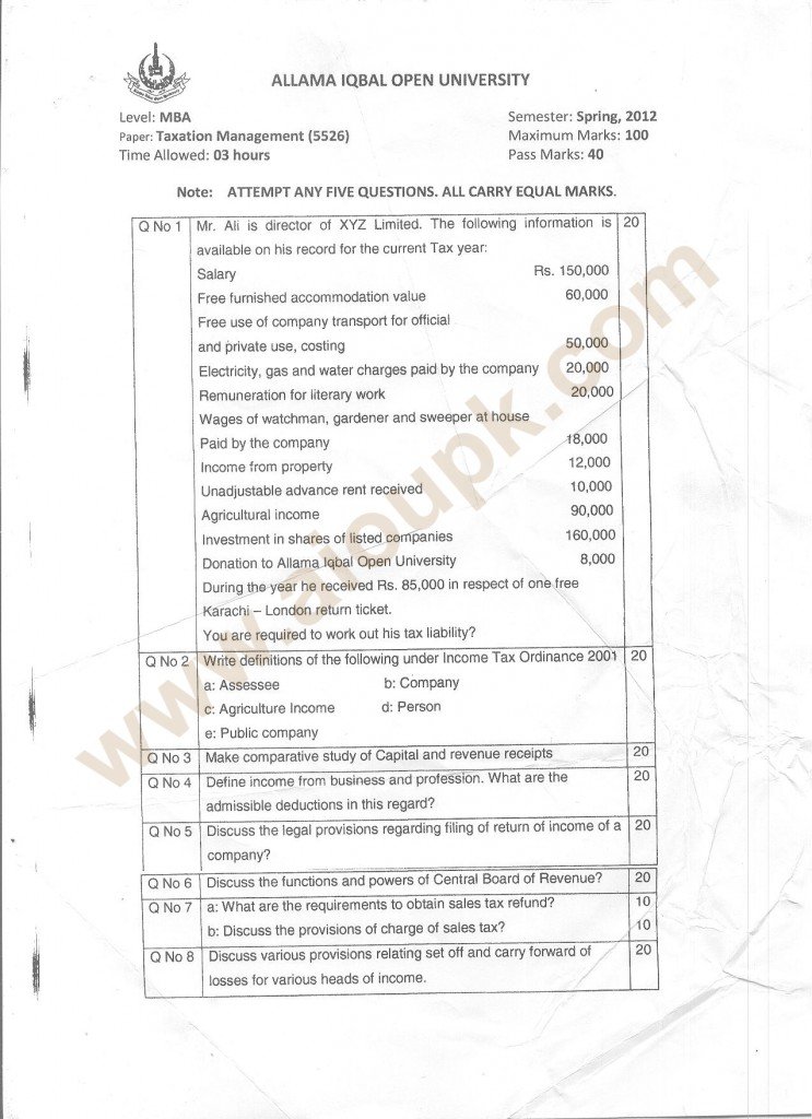 Taxation Management Code 5526 Level MBA, Old Paper of aiou