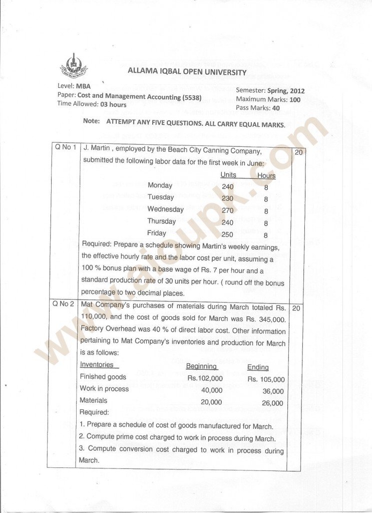Cost and Management Accounting Code 5538, Level MBA Old Paper of AIOU