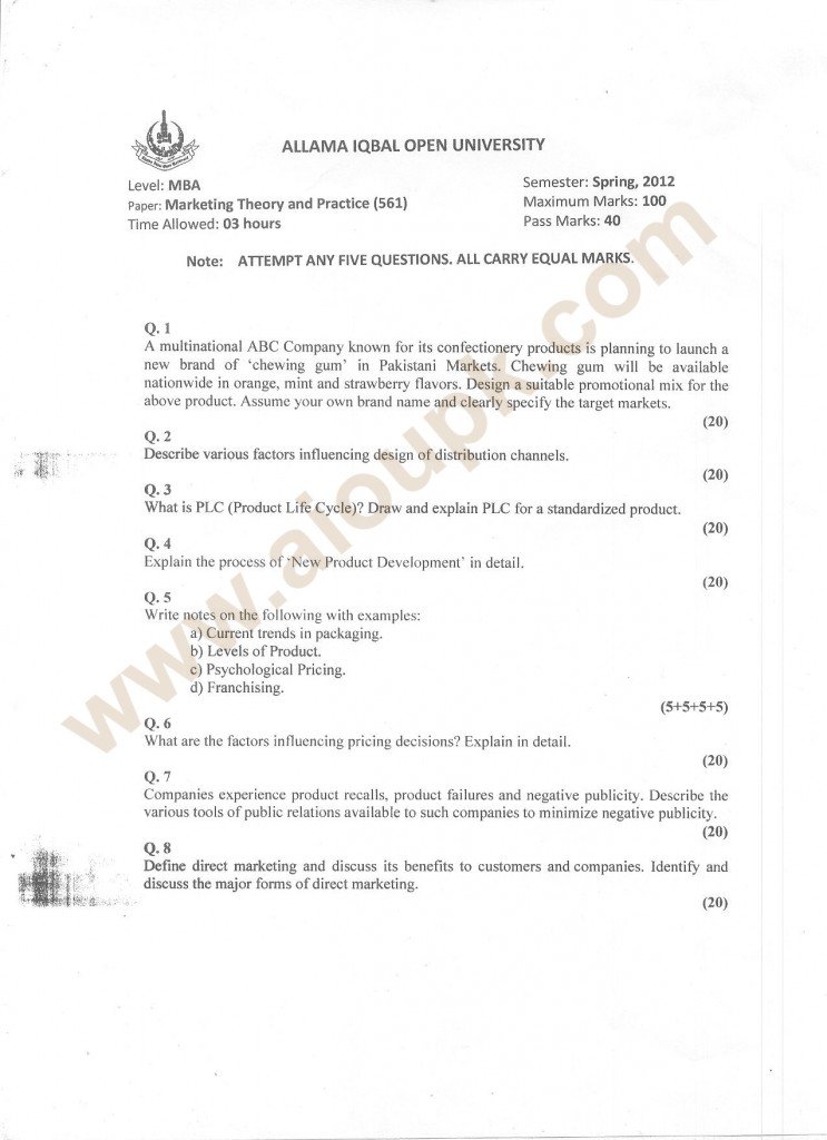 Marketing Theory and Practice Code 561 Level MBA, AIOU Old Paper