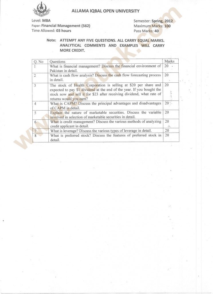 Financial Management Code 562 Level MBA, Old Paper of AIOU