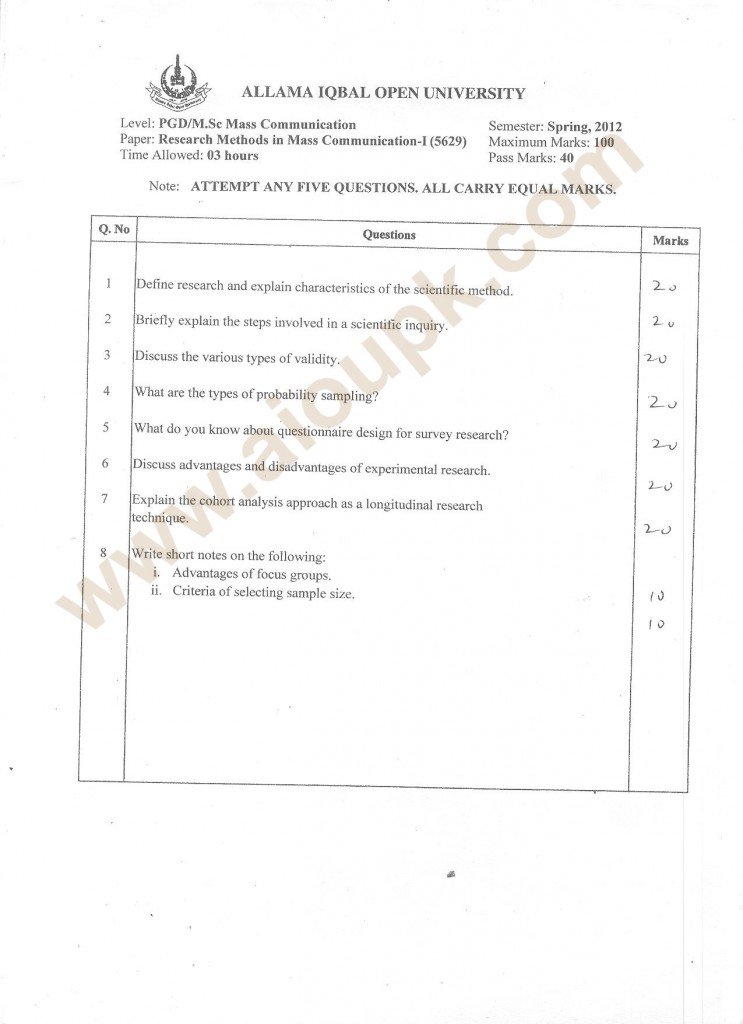Research Methods in Mass Communication-I Code 5629 Level M.Sc - Old Paper of AIOU