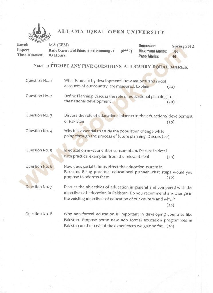 Basic Concepts of Educational Planning-I Code 6557 Level MA (EPM) - AIOU Old Paper