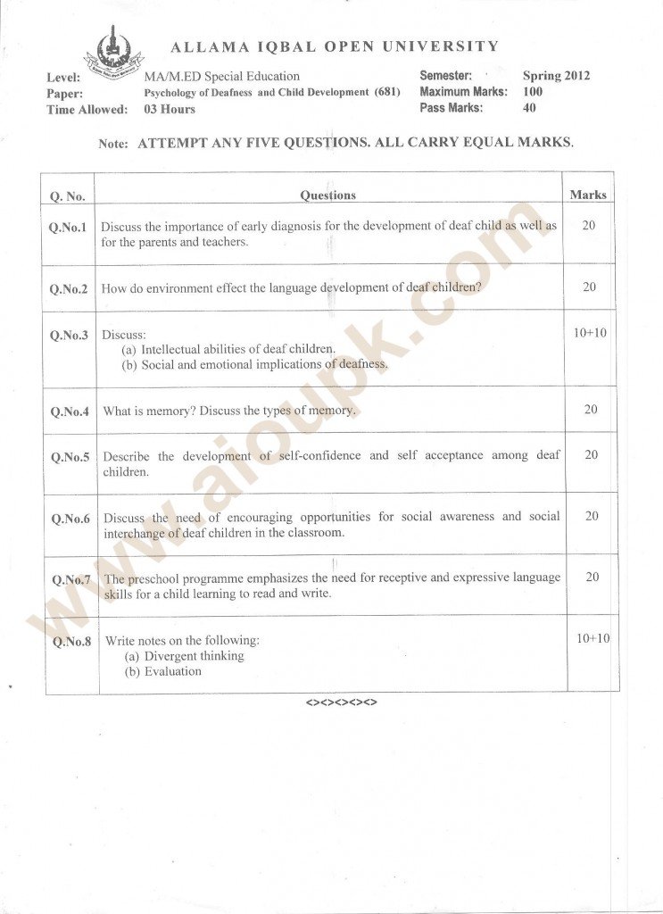 Psychology of Deafness and Child Development Code 681 Level MA/M.Ed Post Graduate, Old Paper of AIOU