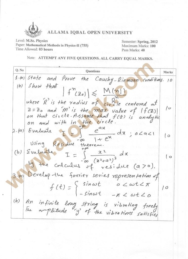 Mathematical Methods in Physics-II Code 755 Level M.Sc Physics, Old Paper of AIOU