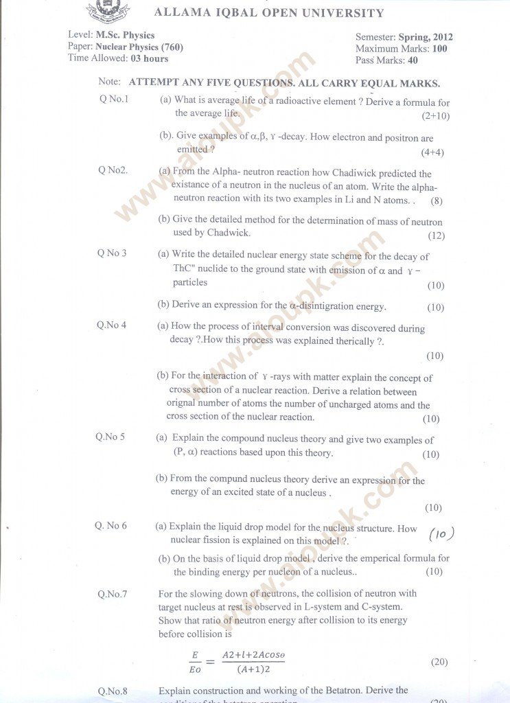 Nuclear Physics Code 760, Level M.Sc Physics (Post Graduate) Old Paper of AIOU