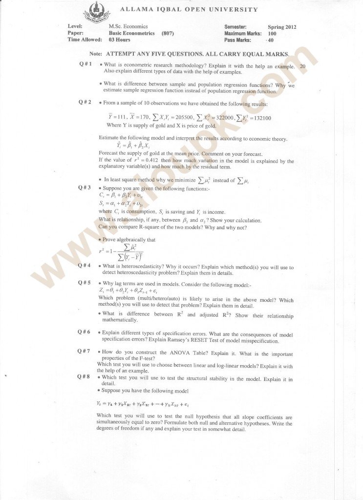 Basic Econometrics Code 807 Level M.Sc Post Graduate, AIOU Old Paper
