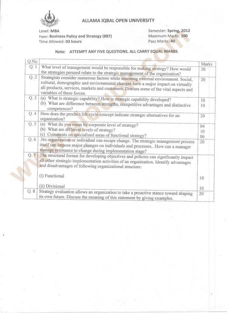 Business Policy and Strategy Code 887, Level MBA, AIOU Old Paper
