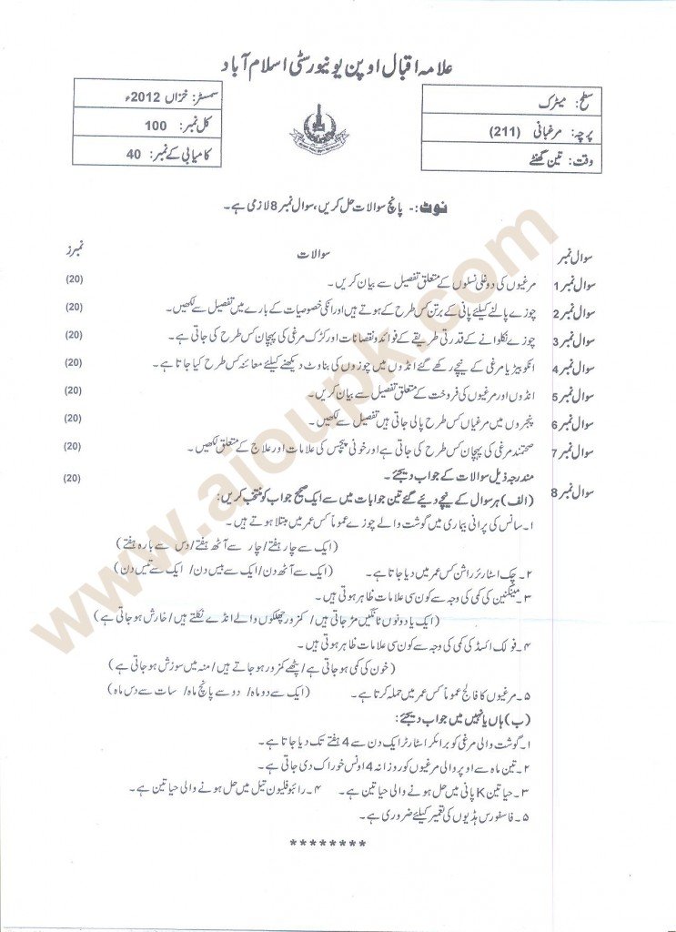Poultry Farming Code 211 Matric AIOU Old Papers - Autumn 2012