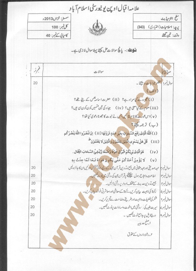 Islamic Studies Elective Code 343 AIOU Old Paper