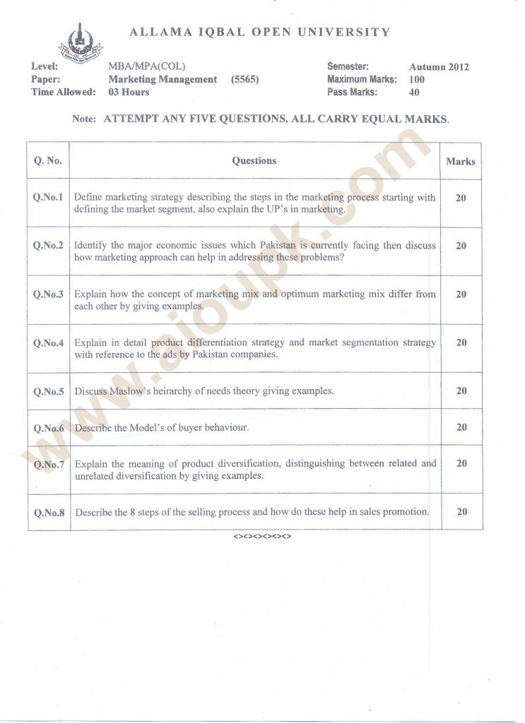 Marketing Management Code 5565 MBA / MPA (COL) - AIOU Old Papers Autumn 2012
