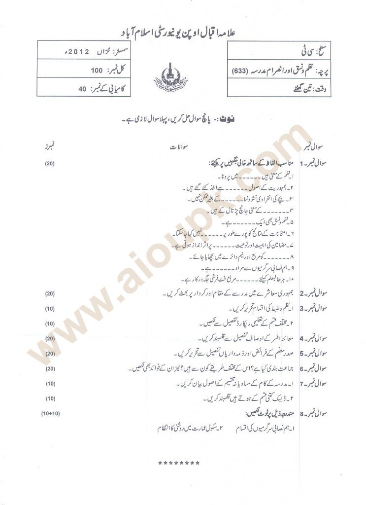School Organization and Management Code 633 - AIOU Old Paper Autumn 2012