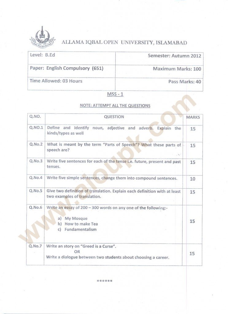 Autumn 2012 BA English Compulsory Code no 651 old papers
