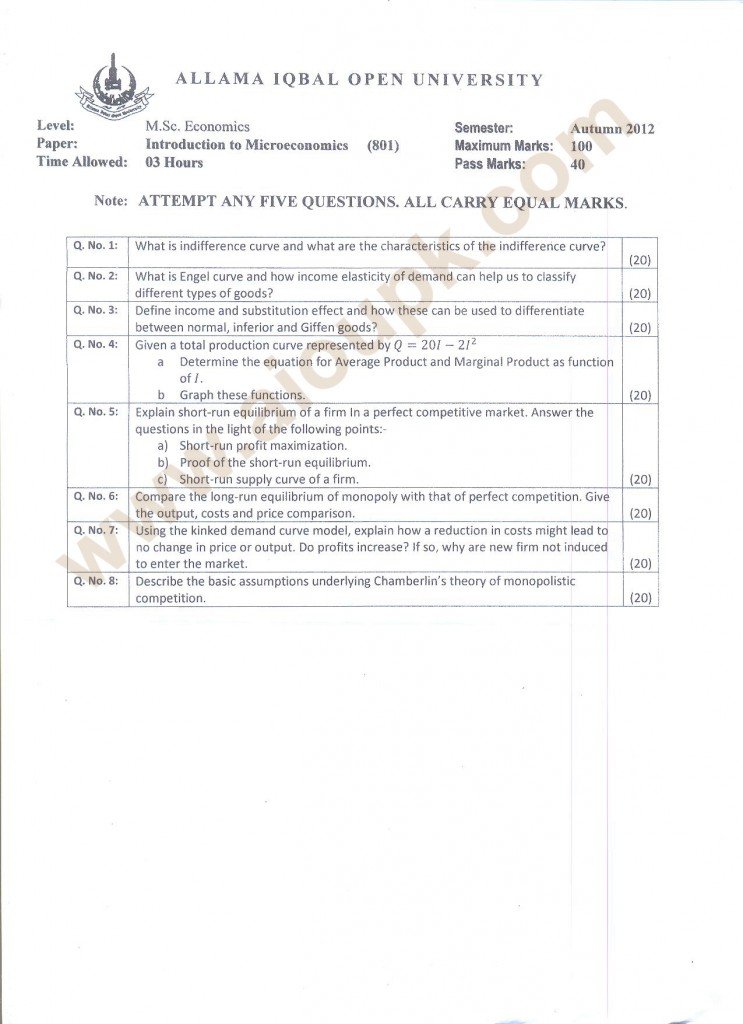 AIOU Past Papers of M.Sc Economics Code 801 Course Introduction to Microeconomics - Fall 2012