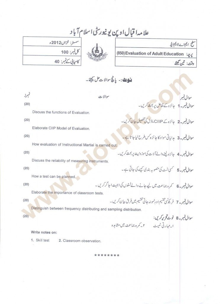 Evaluation of Adult Education Code 850 M.Ed AIOU Old Papers 