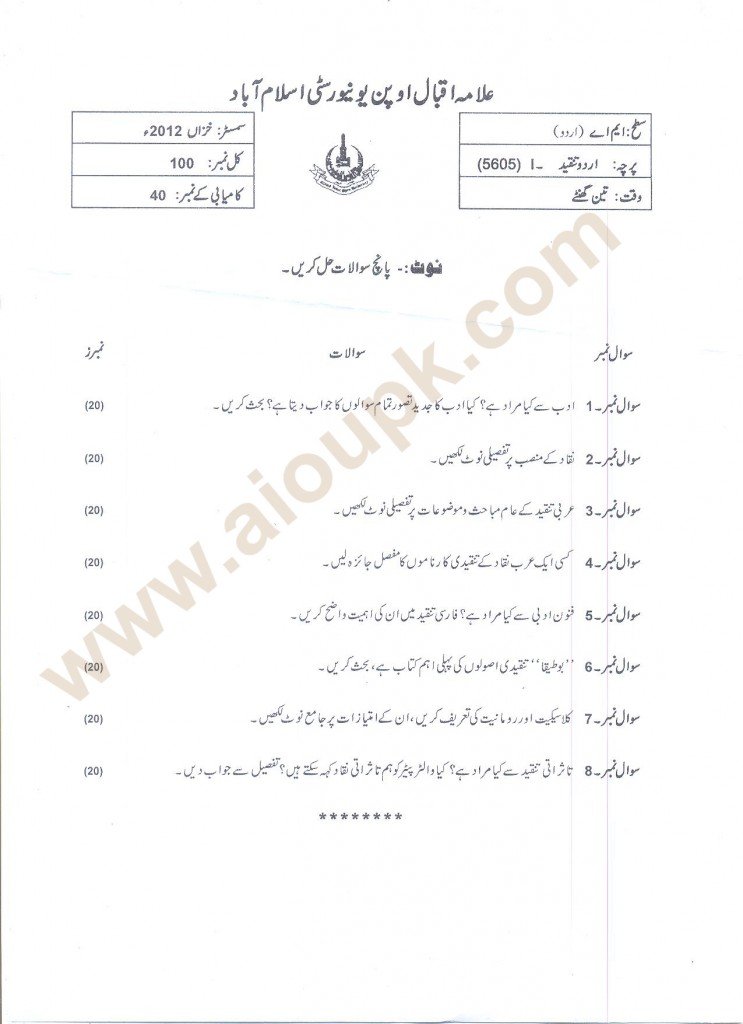 AIOU Old Papers Code 5605 Course Urdu Criticism-I MA - Autumn 2012