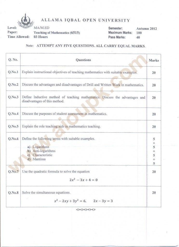 Teaching of Mathematics Code 6512 MA/M.Ed AIOU Old Papers