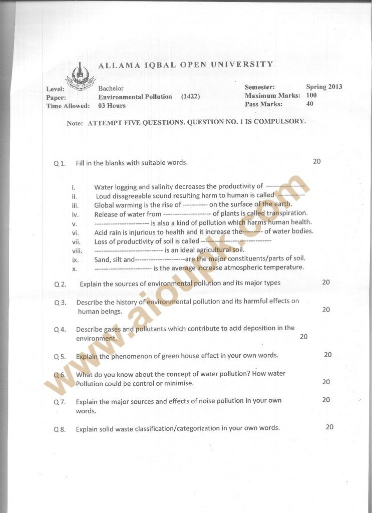Code 1422 AIOU Old Papers Environmental Pollution  BA Spring 2013
