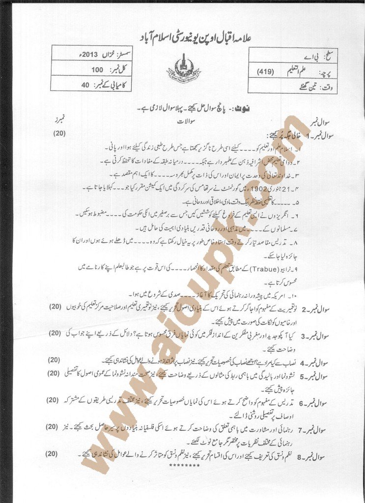 Education Code 419 BA - AIOU Old Papers 2014