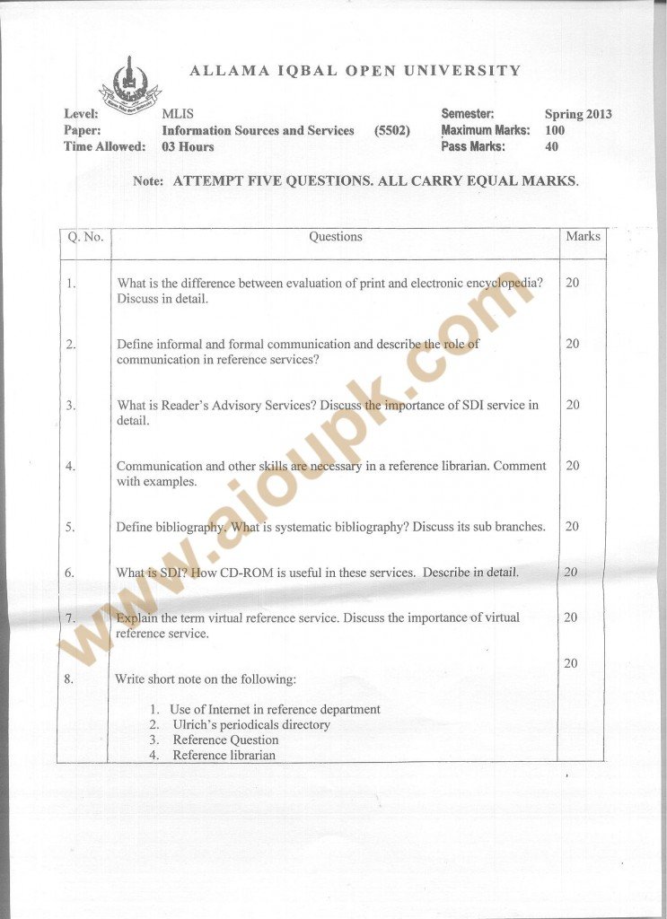 Information Sources and Services AIOU Old Paper Code 5502