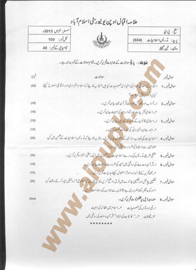 Teaching of Islamiat AIOU Old Papers Code 654