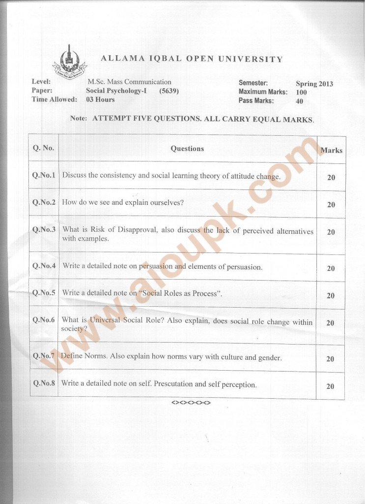 Social Psychology-I Code 5639 M.Sc - AIOU Old Papers Spring 2013