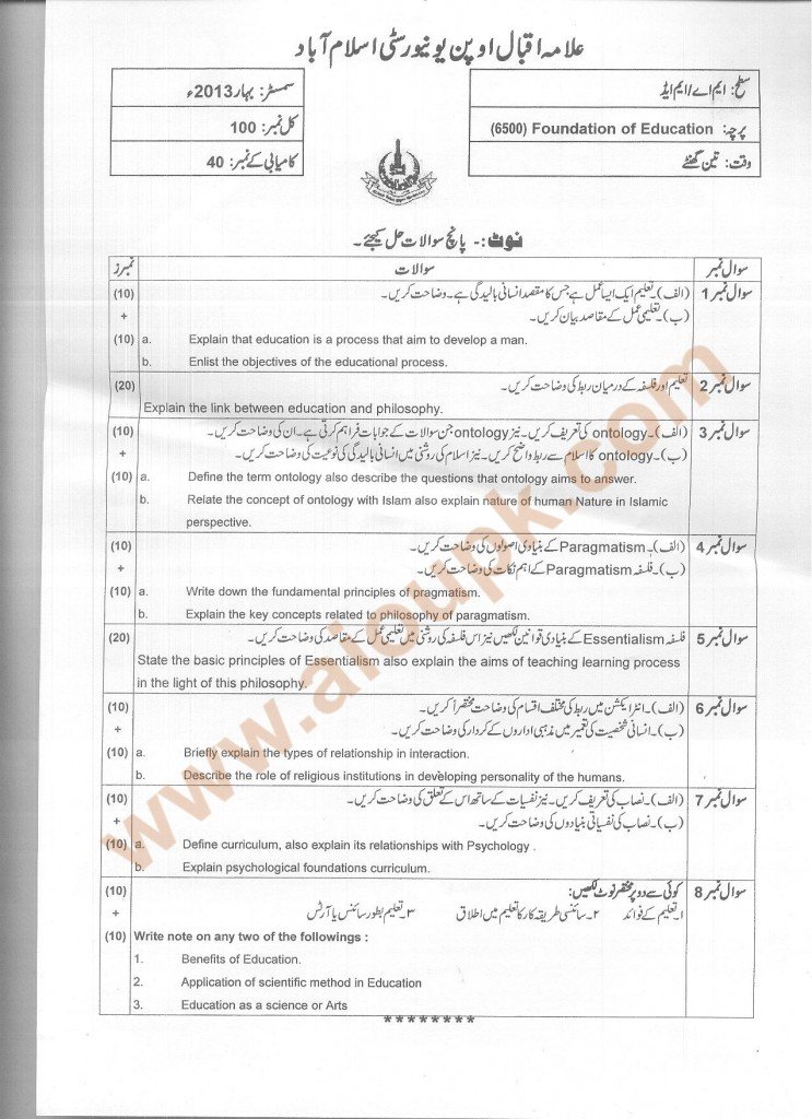 Code No 6500 Foundations of Education  AIOU Old Paper