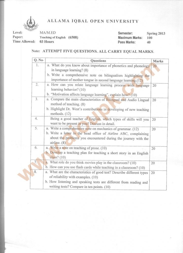 Teaching of English M.Ed Code 6508 - AIOU Old Papers Spring 2013