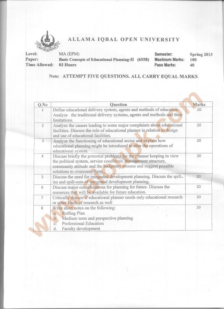 Past Papers of AIOU Code 6558 Basic Concepts of Educational Planning Part 2 - Spring 2013