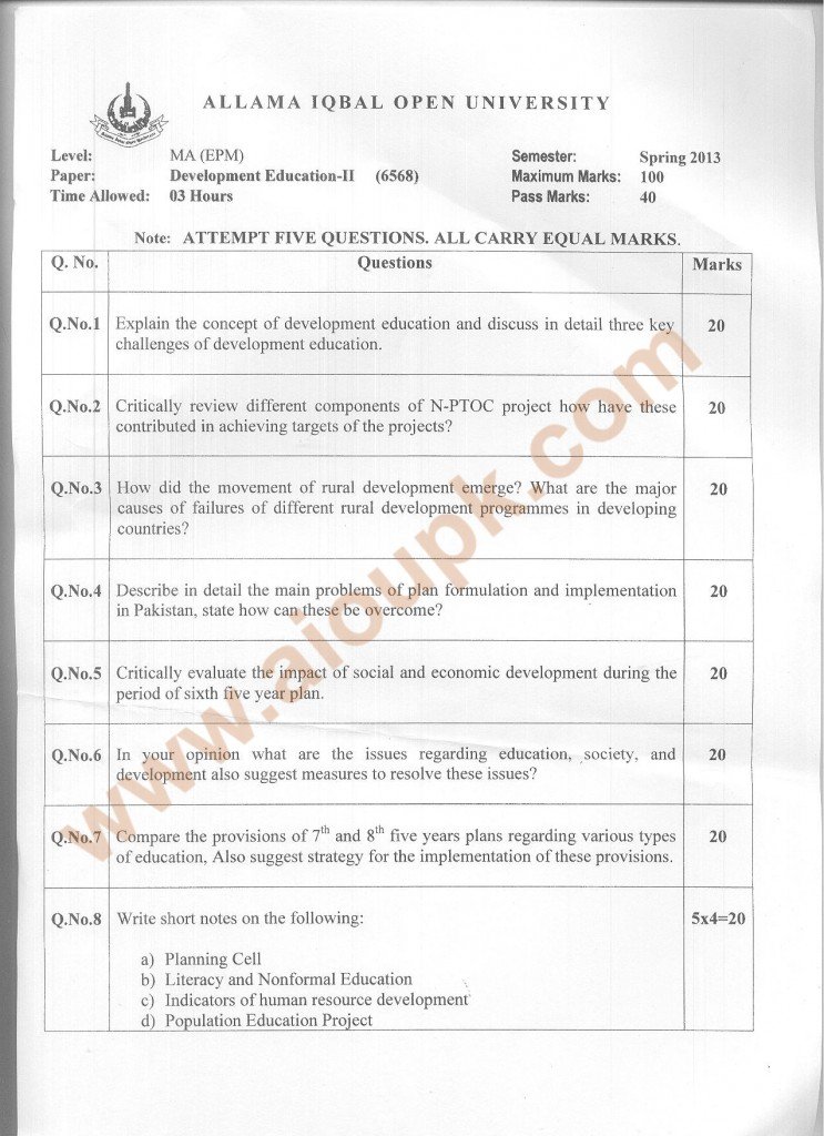 Development Education Part-II Code 6568 MA - AIOU Old Paper Spring 2013