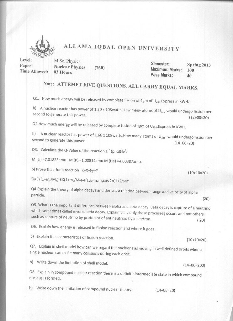 AIOU Past Papers M.Sc Physics Code 760 Nuclear Physics - Spring 2013