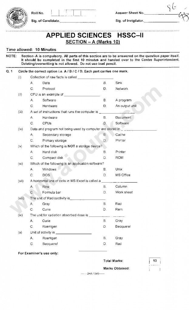 Applied Sciences Model / Past Papers for Class 12th - Federal Board 2014