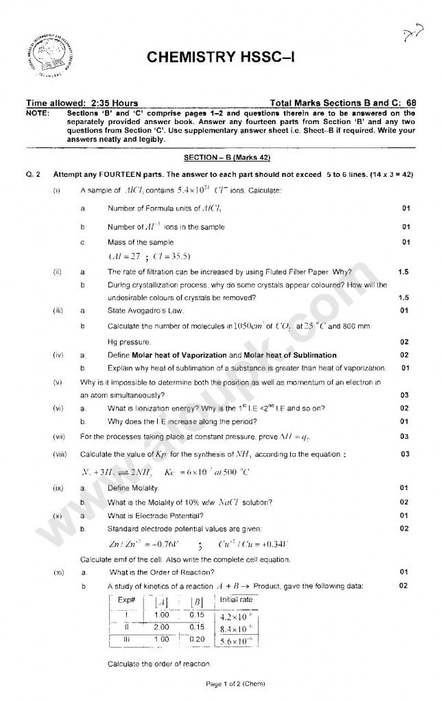 Chemistry of HSSC-I FBISE  1st year model paper