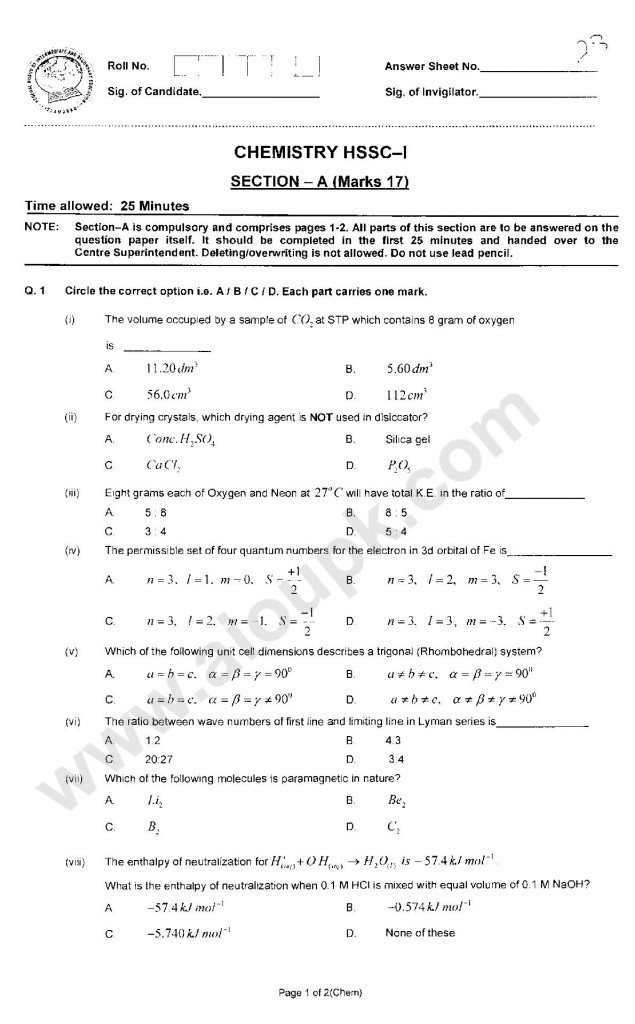 chemistry HSSC-I 1st year Guess paper