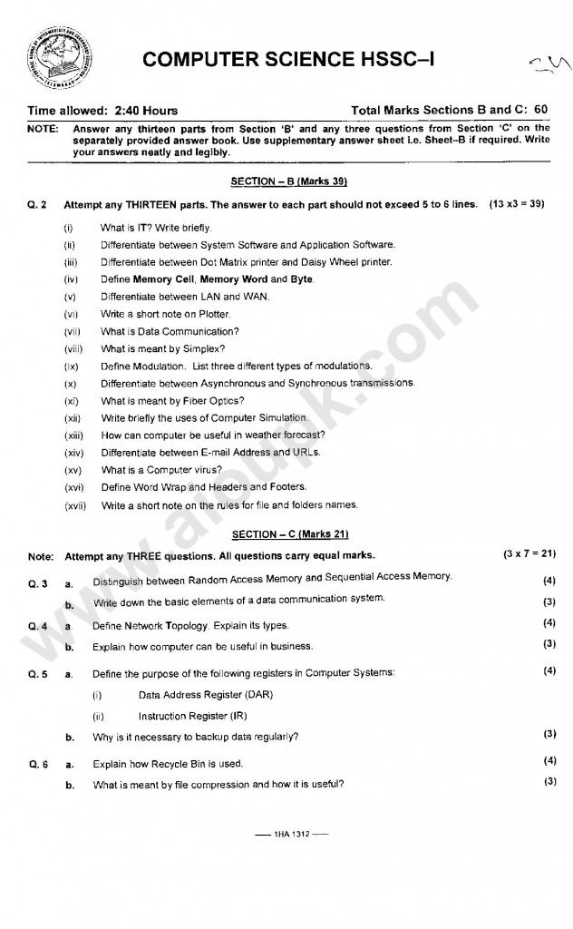 Computer Science Old Papers / Model Papers for ICS 1st Year Federal Board 2014