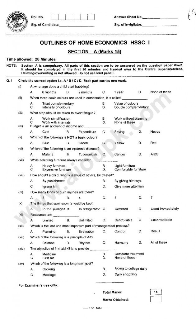 Outlines of Home Economics Past Papers for Class 11th - FBISE 2014