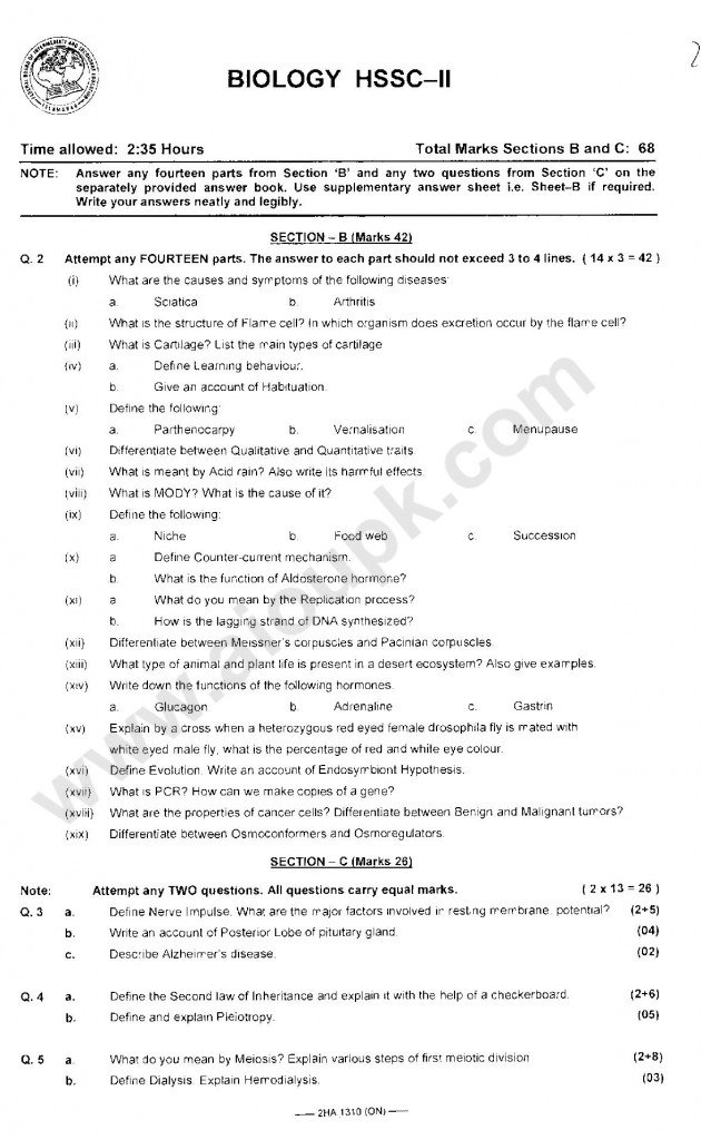 Biology  Pre medical 2014 past papers Biology  Federal board FBISE