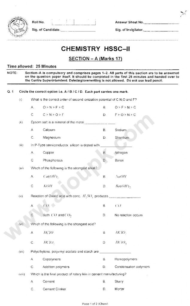 Chemistry Past Papers 2nd Year part 2 FBISE 2014