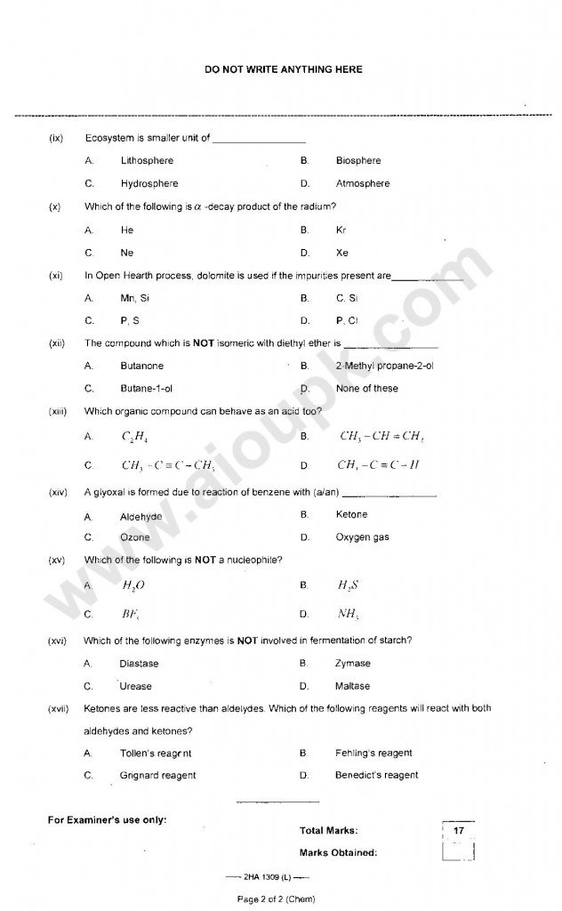 Chemistry Model Guess / Past Papers for 2nd Year - Federal Board 2014