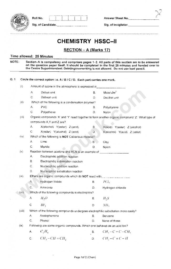 Chemistry  Free Papers pattern papers 2014 FBISE second year