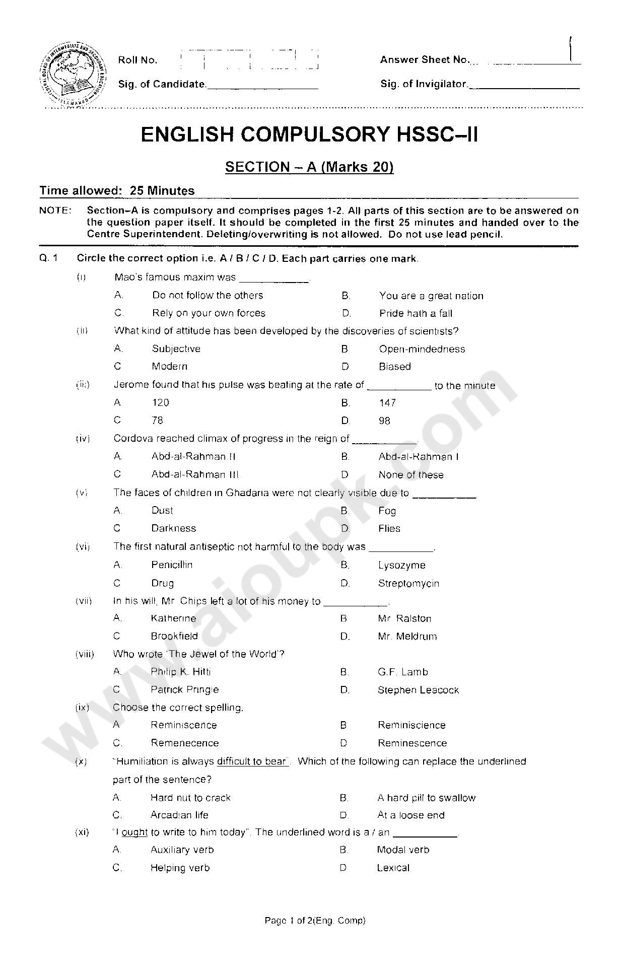 English Compulsory Model / Past Papers for 2nd Year ...