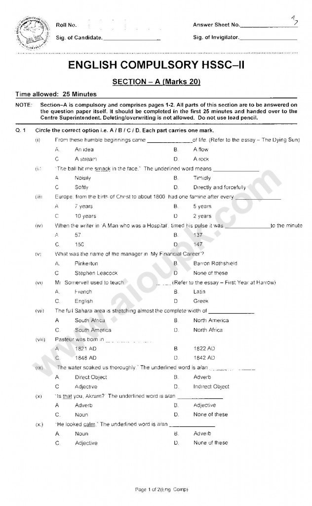English Compulsory Guess paper Solve 2014 2nd Year federal Board