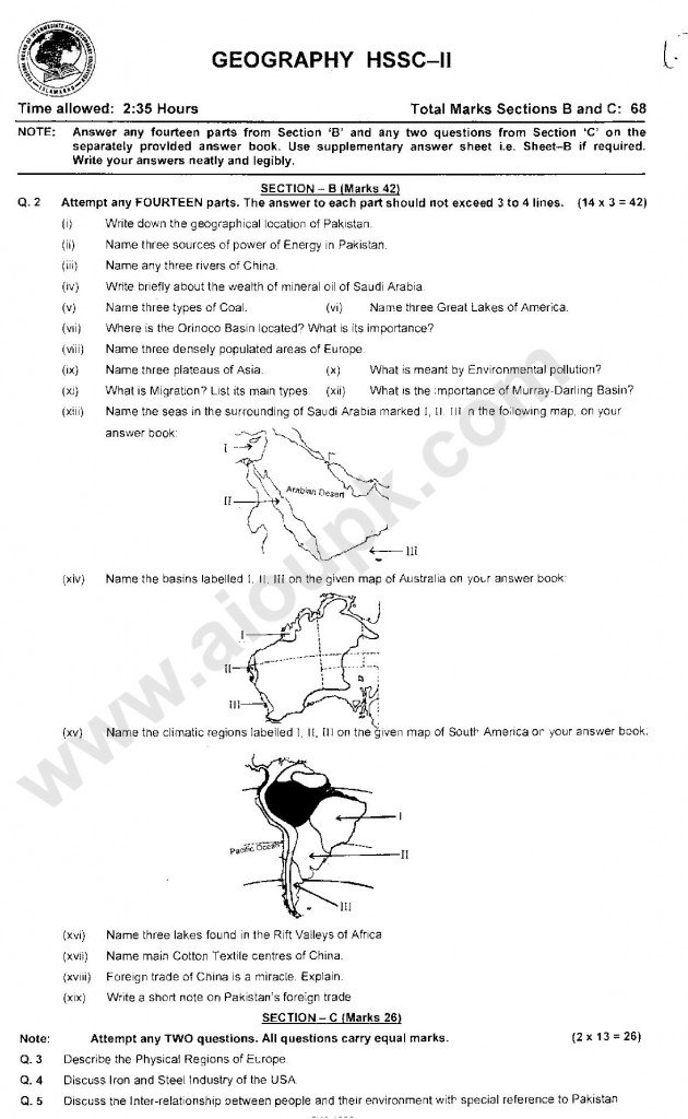 Geography 2nd year Model guess paper of federal board 2014