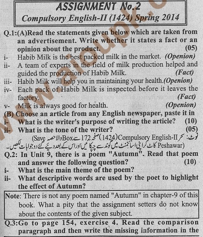 Compulsory English-II Code 1424 - AIOU 2nd Solve Assignment Spring 2014