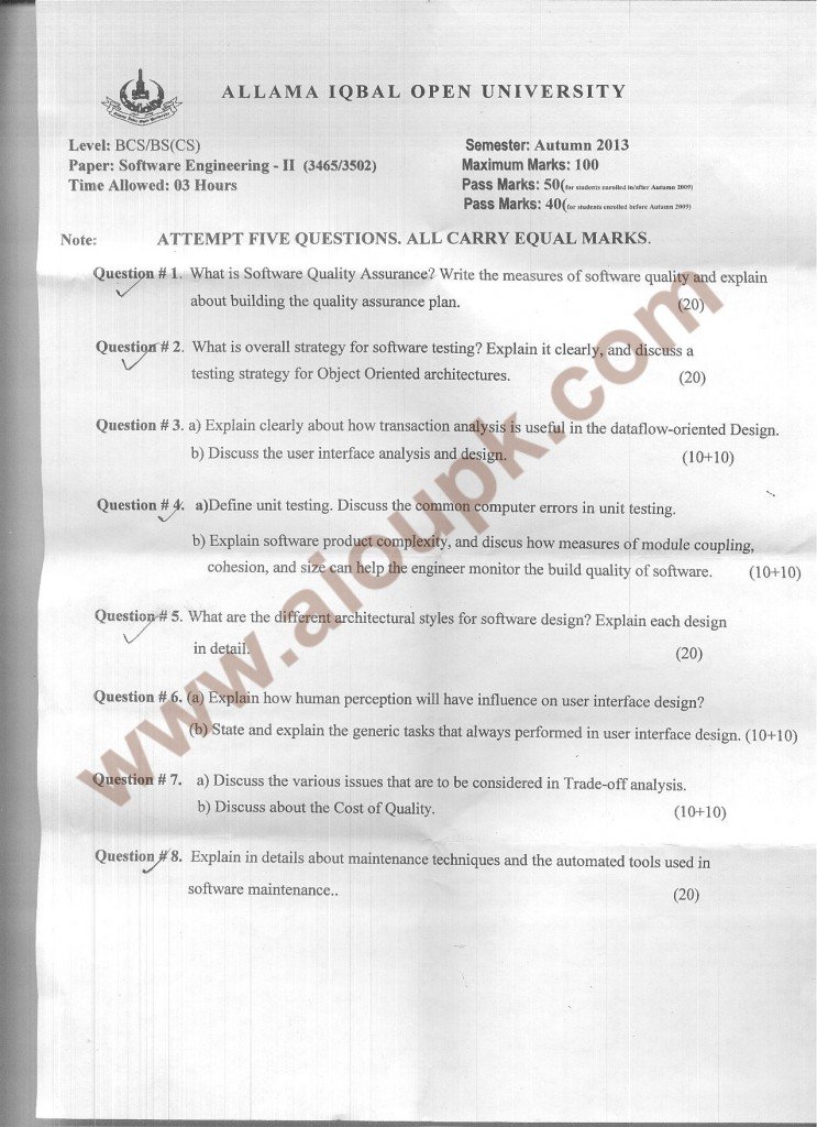 AIOU BSCS Old  Papers Code 3465 Software Engineering-II - Autumn 2014
