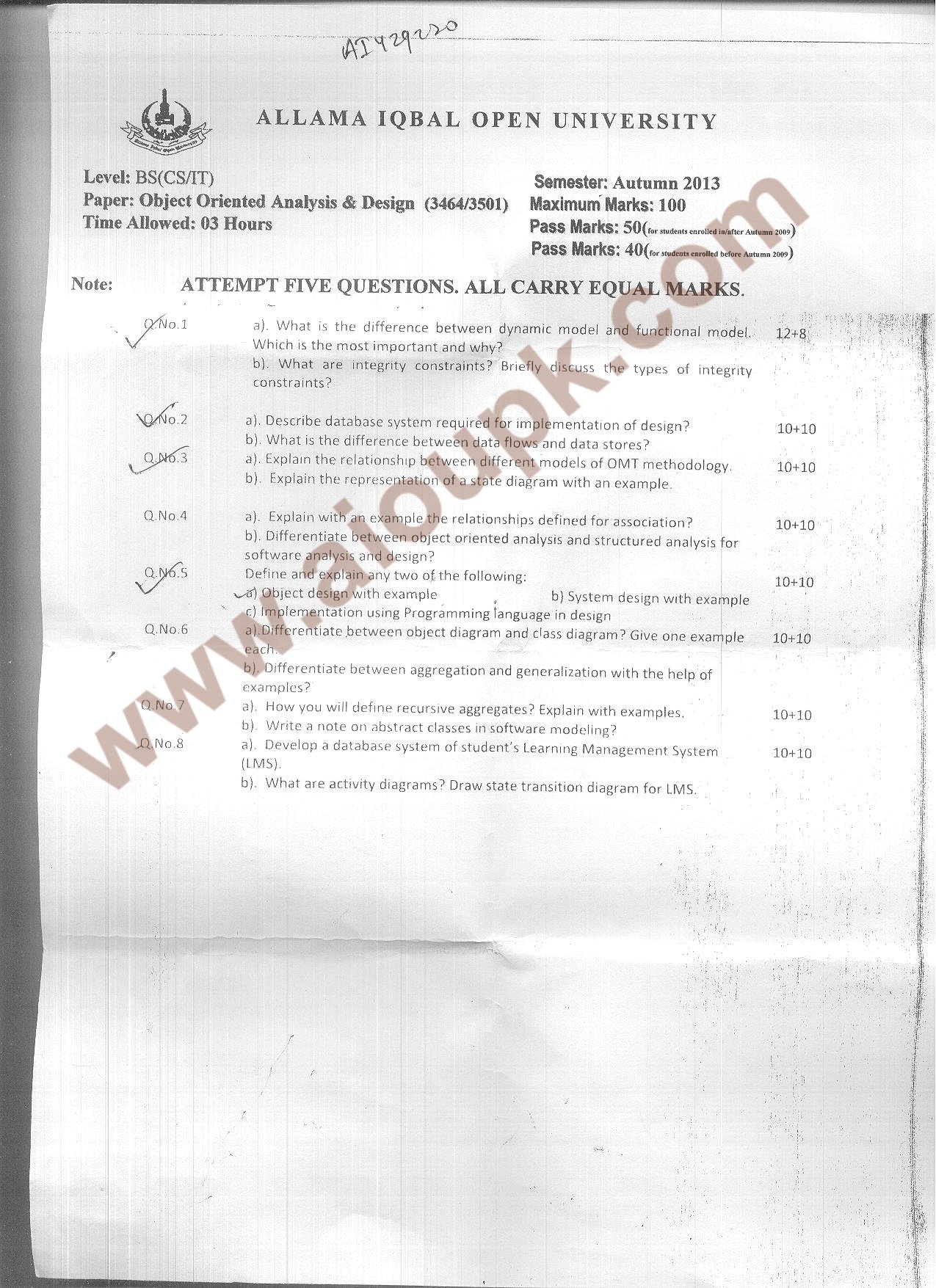 Object Oriented Analysis Design OOAD Code 3464 3501 Past Papers 