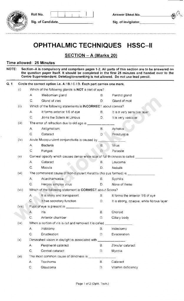 Ophthalmic Techniques HSSC II past Paper 