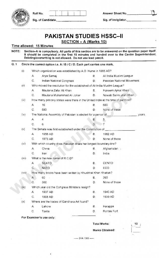 Pakistan Studies  5 Year Old Papers/Model Paper Federal Board HSSC-II 2013