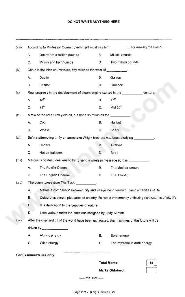 English Elective Literature Guess Papers of SSC Part 2 FBISE 2014